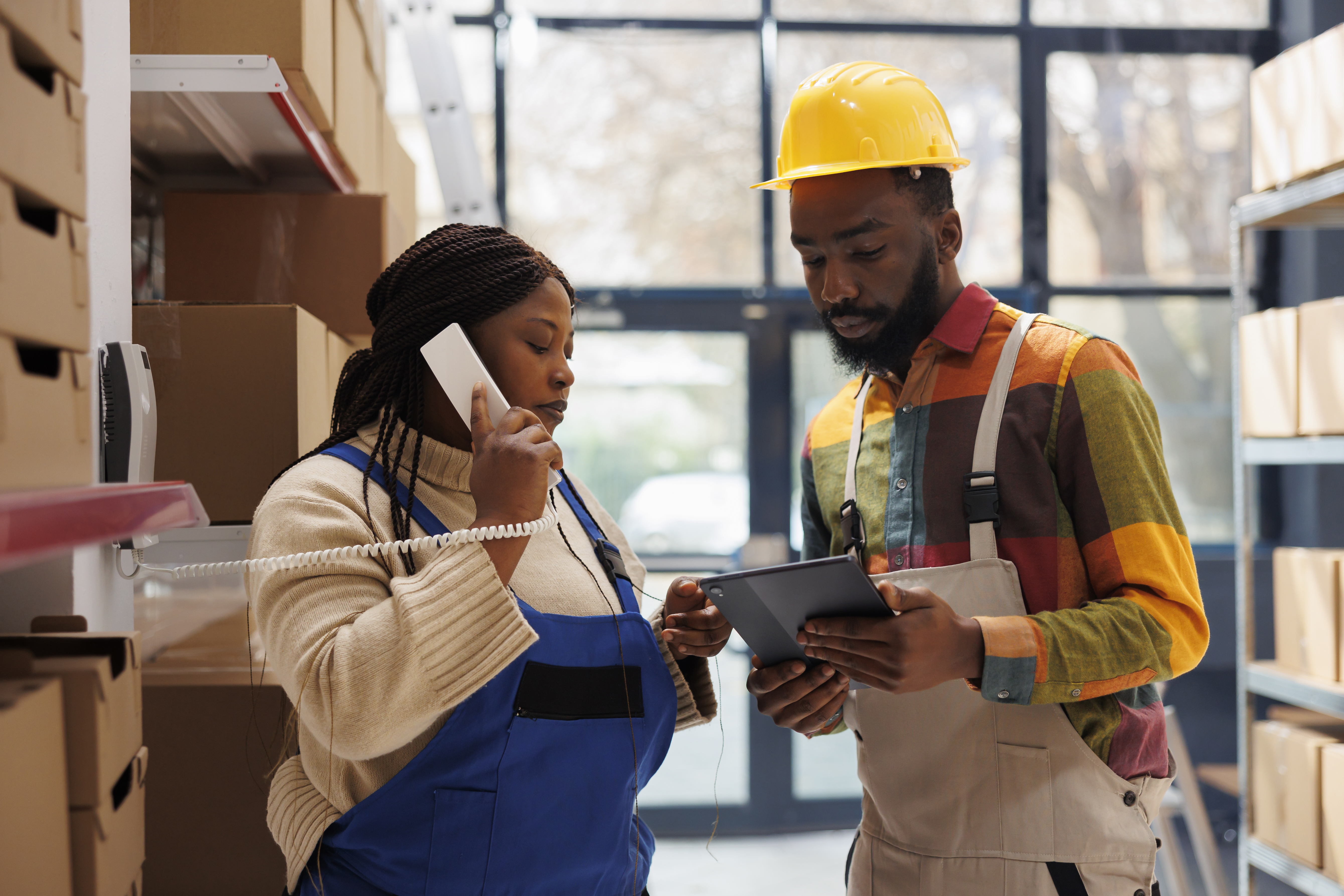 A young Nigerian woman in a white T-shirt sits at a desk in a small business setting, holding a bottle of yellow product in one hand and a smartphone in the other. In front of her is a desktop monitor displaying the Huxxie inventory dashboard