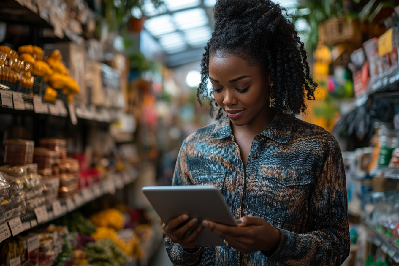 A small shop owner using a tablet to manage orders, with visual indicators of sales data and inventory tracking in the background.
